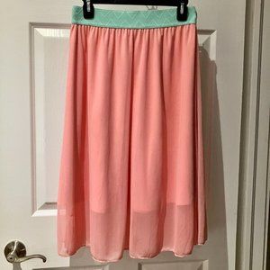 Last call-LuLaRoe Lola Size Small Coral Pink Mint Green Lined Floral Skirt